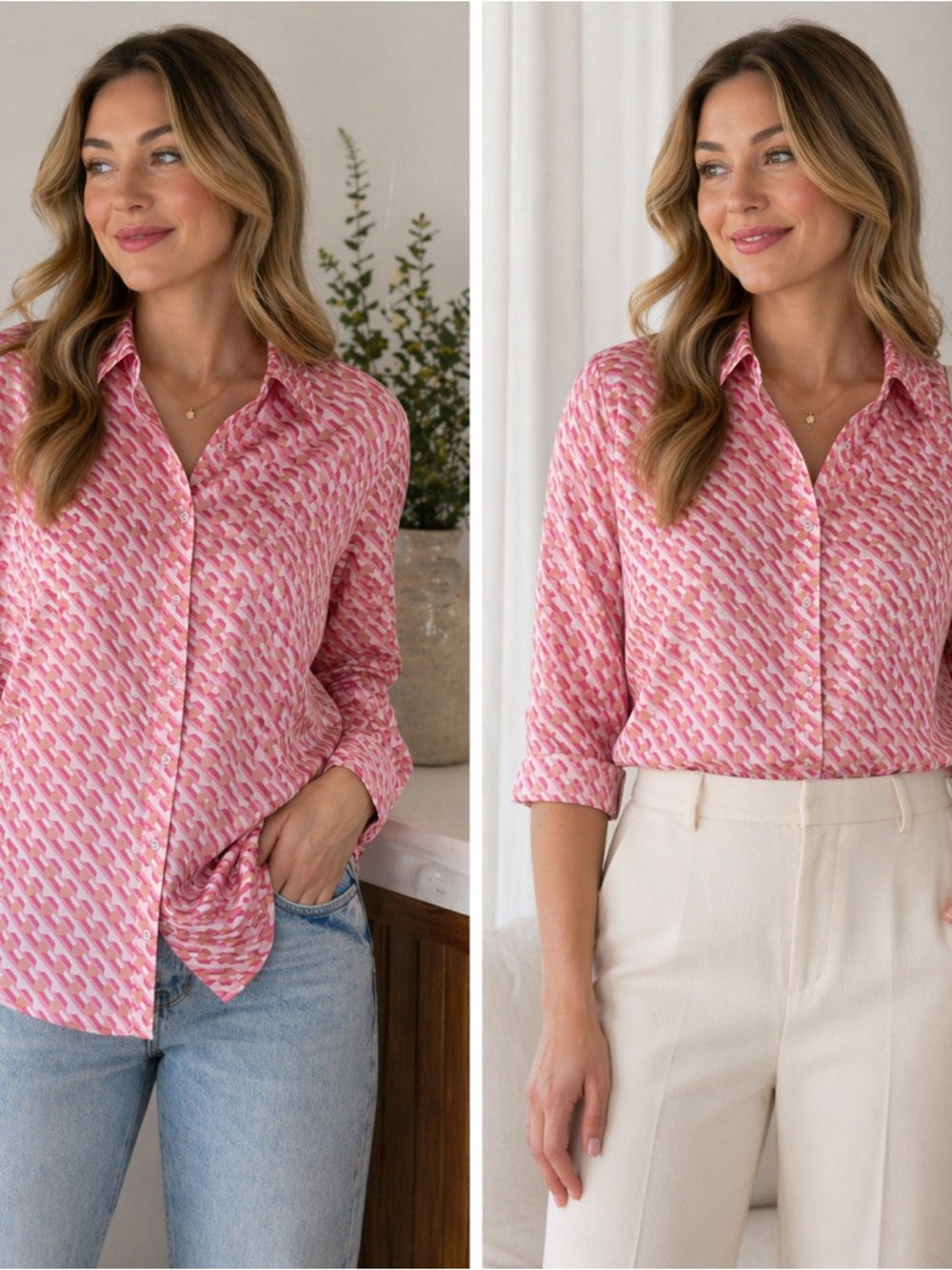 Pink Geo-Print Button-Down Shirt with Tailored Collar